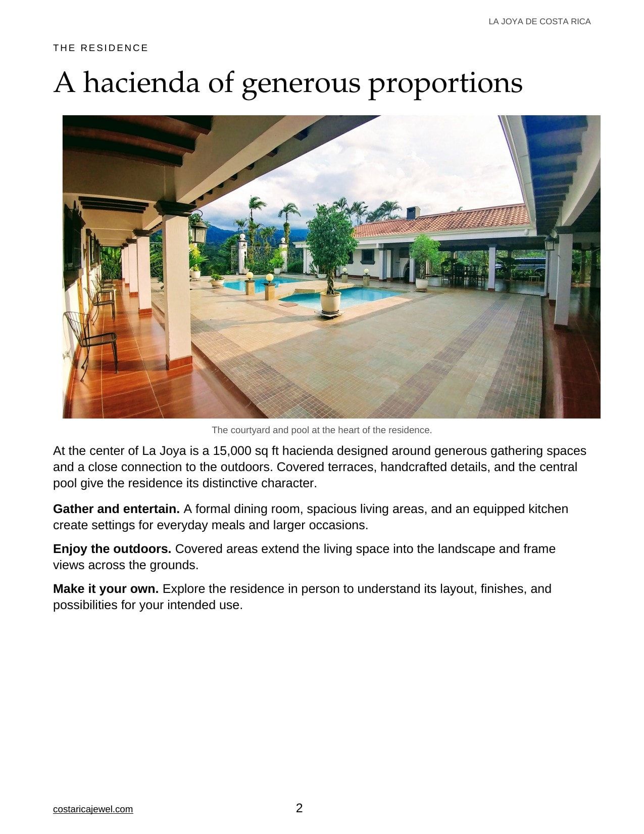 La Joya de Costa Rica Brochure — Page 2: Luxury hacienda courtyard and pool